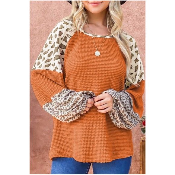 BellanBlue Tops - 018 Boho Leopard Print Waffle Knit Oversized Top